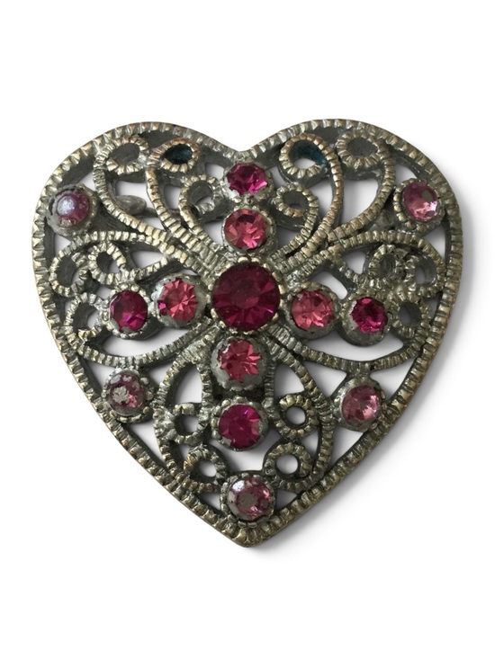 1928 Jewelry - Vintage 1928 Brand Silver-Tone Heart Filigree Brooch with Pink Rhinestones